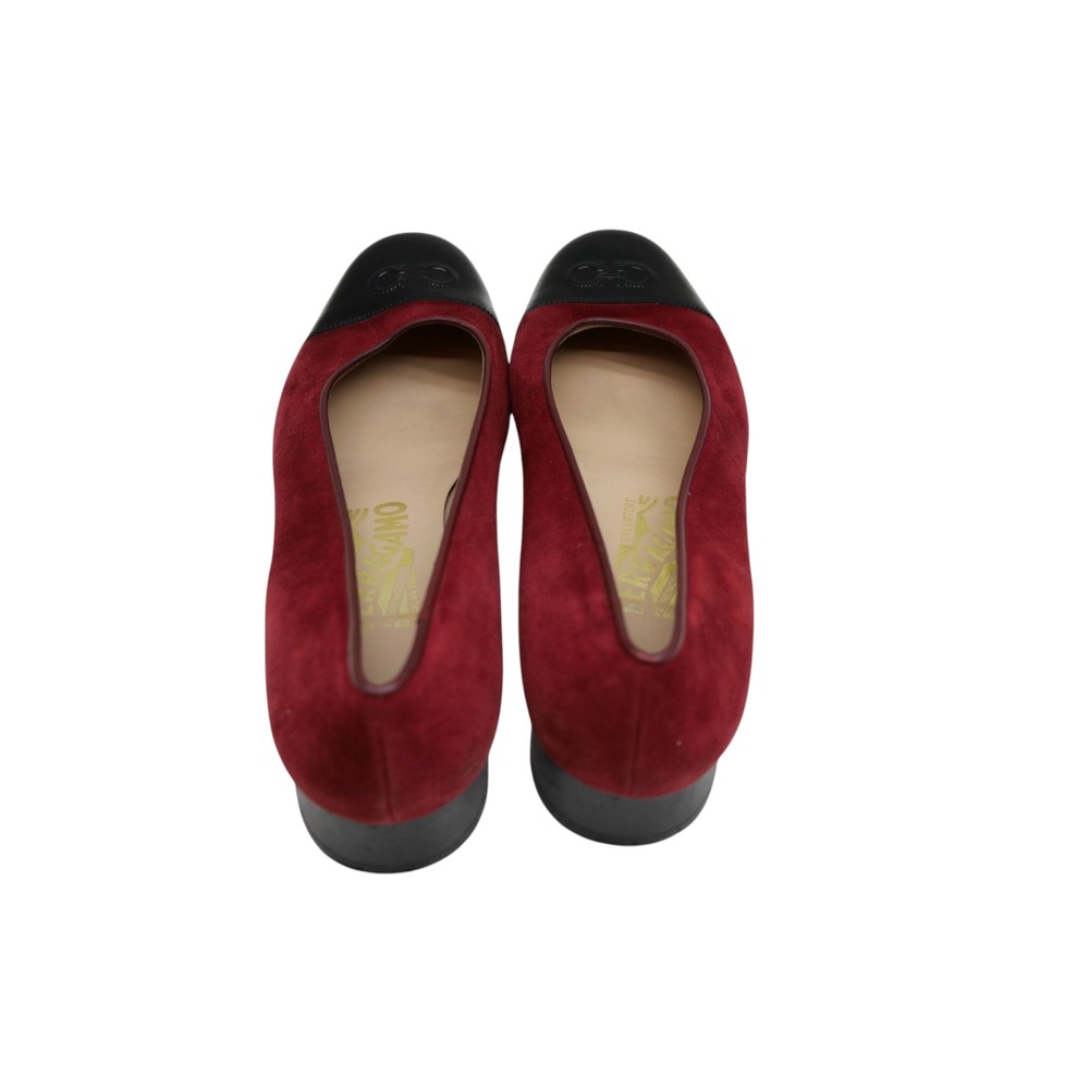 Salvatore Ferragamo Womens 7.5 B Red Suede Black Cap Toe Logo Low Pumps Italy - Picture 8 of 9